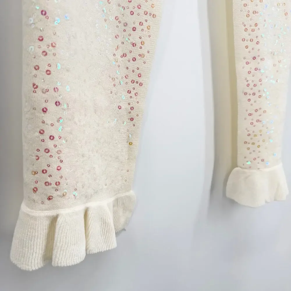 Cream Sequin Knit Scarf Soft Sparkle Ruffle Fringe Winter Wrap Cozy Ivory